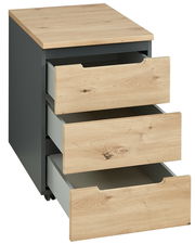 Rollcontainer mit drei offenen Schubladen, Holzoptik, seitliche Perspektive