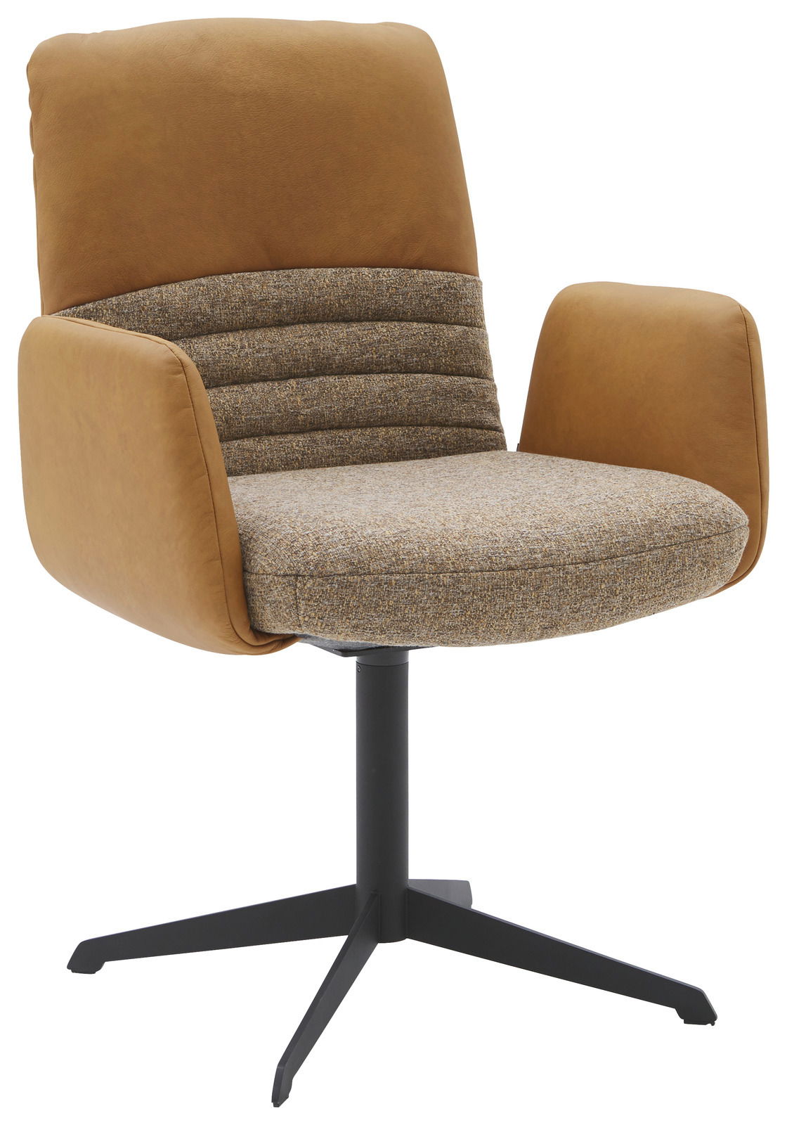 Dieter Knoll Armlehnstuhl MIGUEL Moderner Armlehnstuhl mit braunem Stoffbezug und schwarzem Metallgestell, seitliche Perspektive