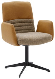 Moderner Armlehnstuhl mit braunem Stoffbezug und schwarzem Metallgestell, seitliche Perspektive