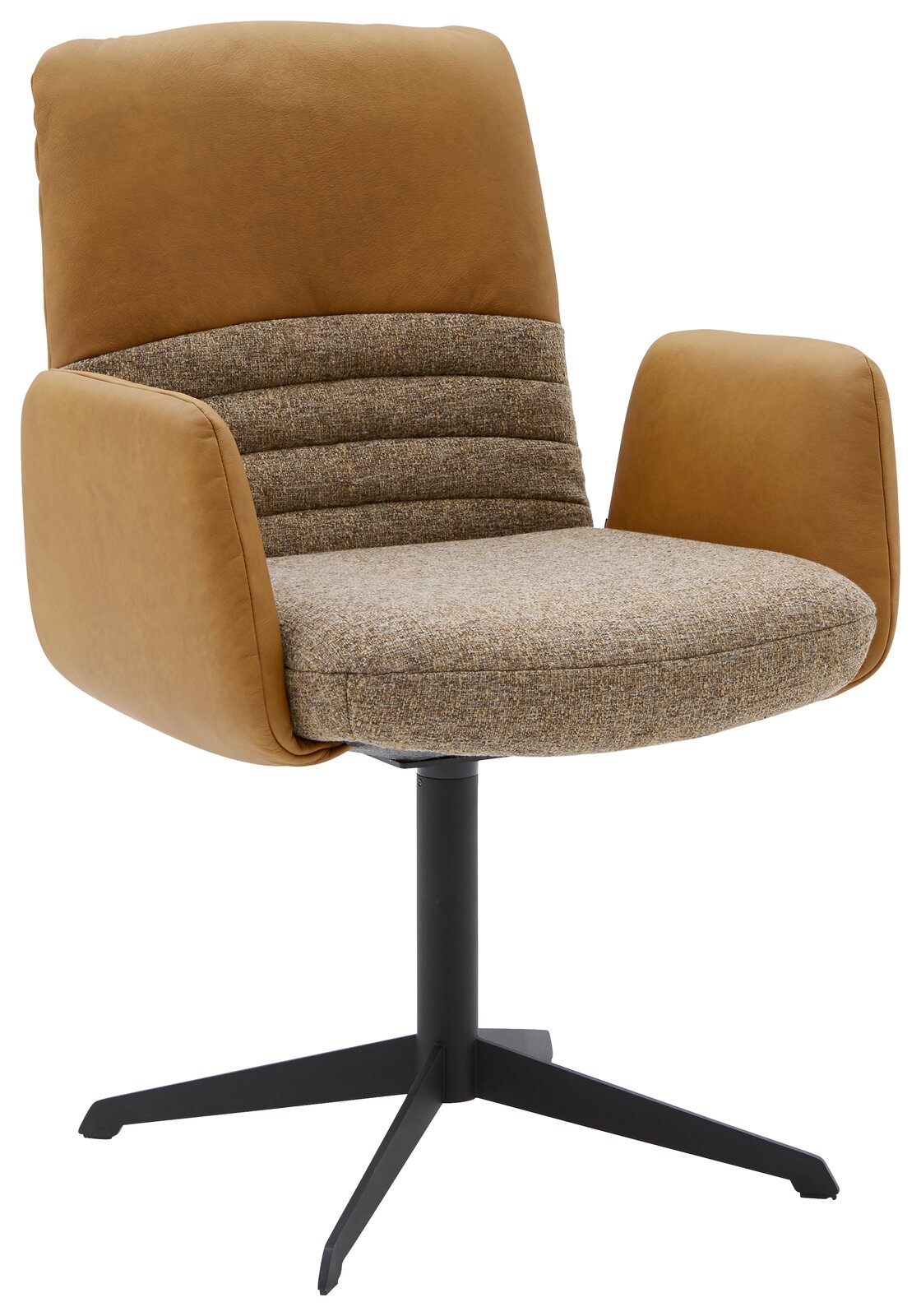 Moderner Armlehnstuhl mit braunem Stoffbezug und schwarzem Metallgestell, seitliche Perspektive
