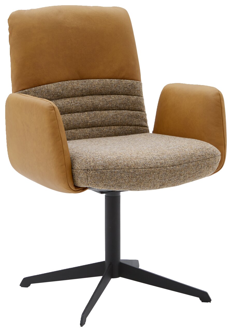 Moderner Armlehnstuhl mit braunem Stoffbezug und schwarzem Metallgestell, seitliche Perspektive