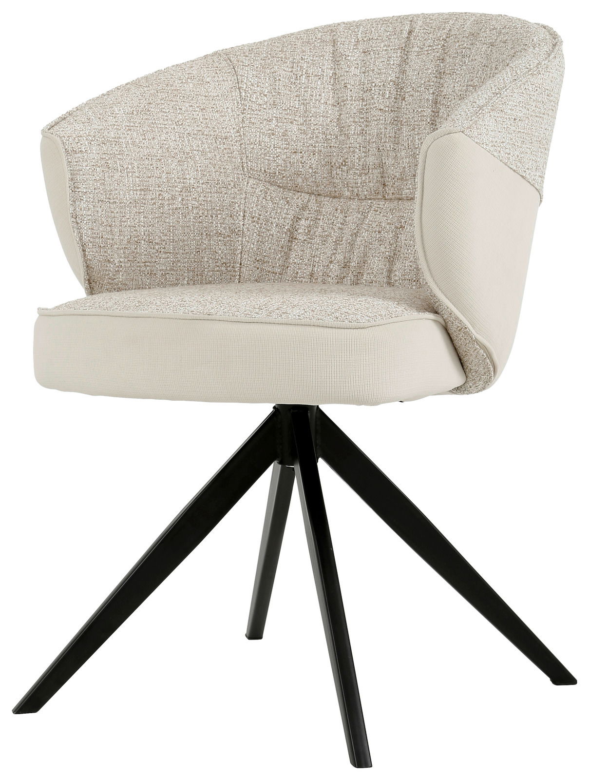 Moderner Armlehnstuhl mit beigem Stoffbezug und schwarzem Metallgestell, seitliche Perspektive.