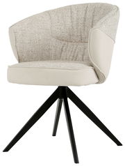 Moderner Armlehnstuhl mit beigem Stoffbezug und schwarzem Metallgestell, seitliche Perspektive.