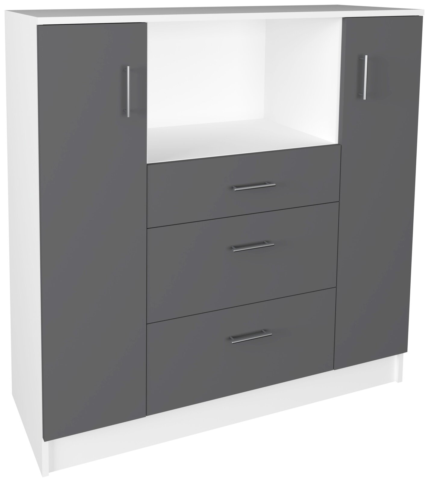 Moderner Schrank in Weiß mit anthrazitfarbenen Fronten, zwei seitlichen Türen, drei Schubladen und offenem Fach, mit Metallgriffen, freigestellt auf weißem Hintergrund, Ansicht schräg von vorne