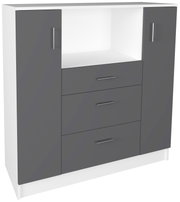 Moderner Schrank in Weiß mit anthrazitfarbenen Fronten, zwei seitlichen Türen, drei Schubladen und offenem Fach, mit Metallgriffen, freigestellt auf weißem Hintergrund, Ansicht schräg von vorne