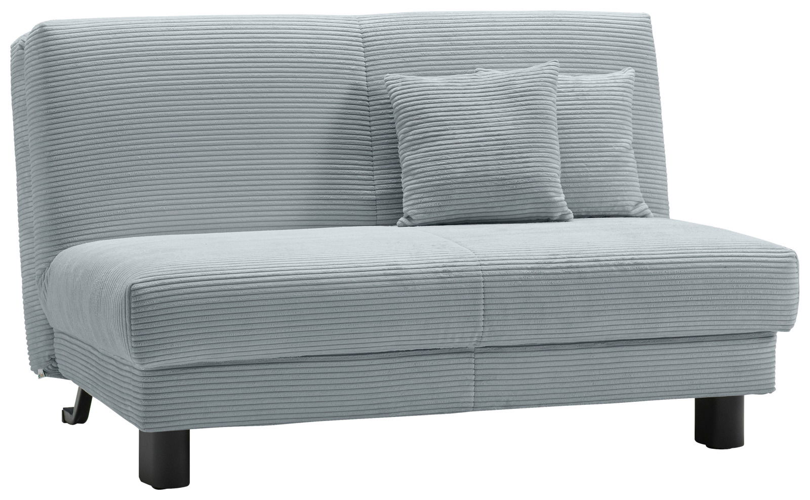 Z2 Schlafsofa ENNY Graues Funktionssofa mit geripptem Stoffbezug und zwei passenden Kissen, seitliche Perspektive