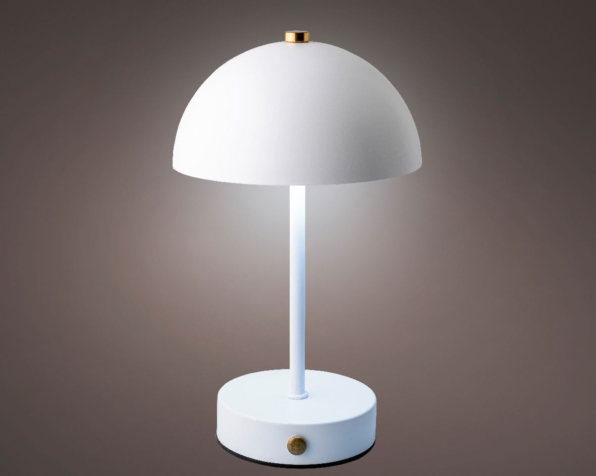 Moderne LED Tischleuchte in Weiß mit halbkugelförmigem Schirm und goldenen Akzenten, seitliche Perspektive