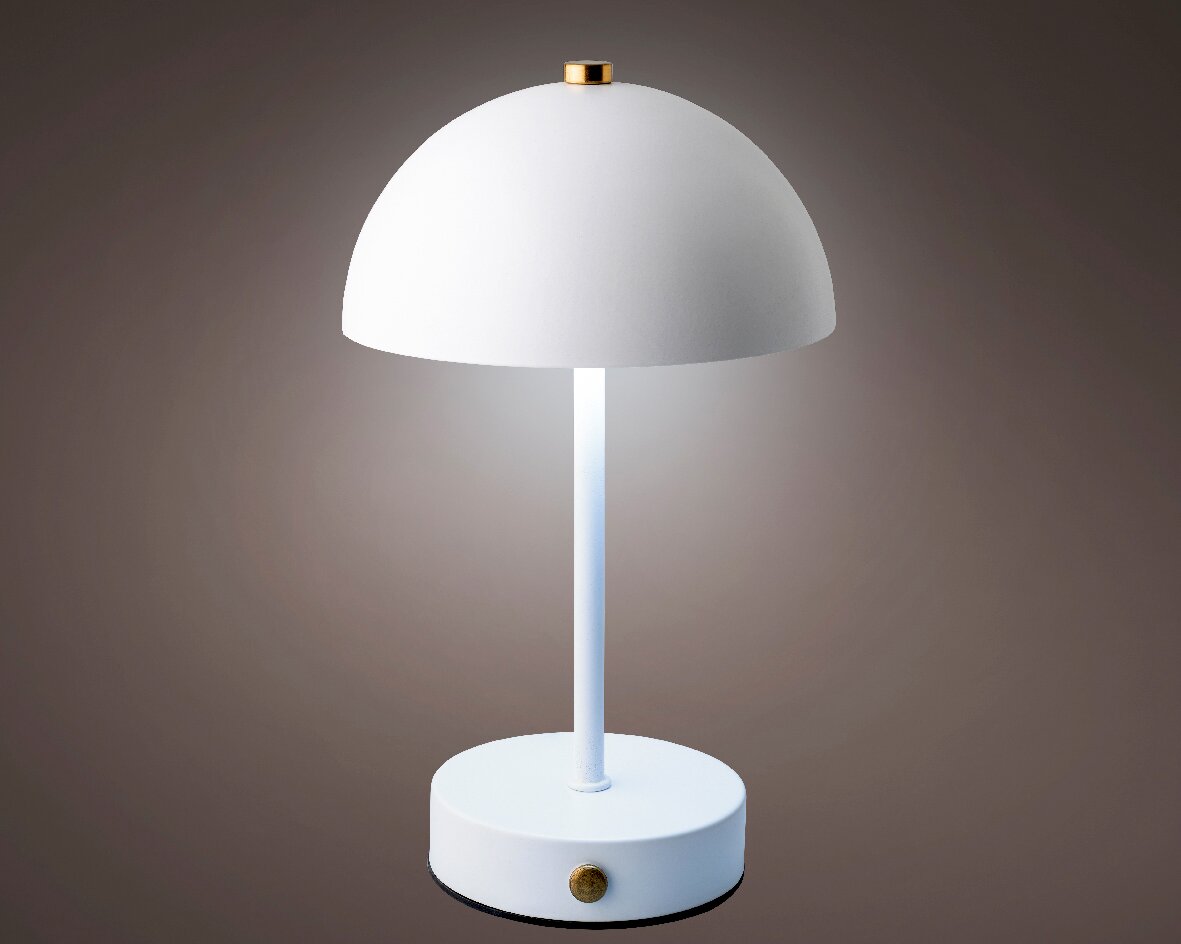 Moderne LED Tischleuchte in Weiß mit halbkugelförmigem Schirm und goldenen Akzenten, seitliche Perspektive