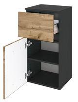 Unterschrank mit geöffneter Tür und Schublade, Perspektive von vorne rechts