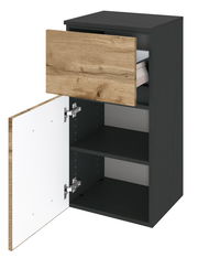 Unterschrank mit geöffneter Tür und Schublade, Perspektive von vorne rechts