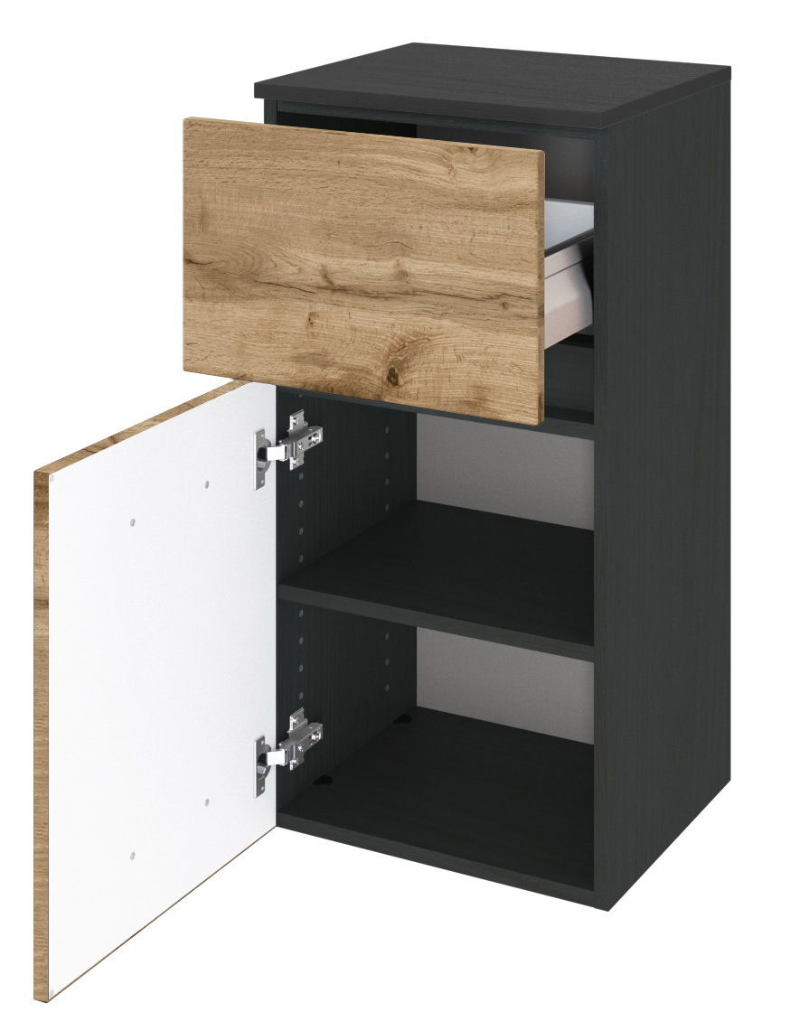 Unterschrank mit geöffneter Tür und Schublade, Perspektive von vorne rechts