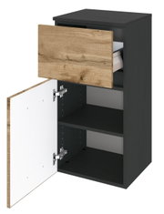 Unterschrank mit geöffneter Tür und Schublade, Perspektive von vorne rechts