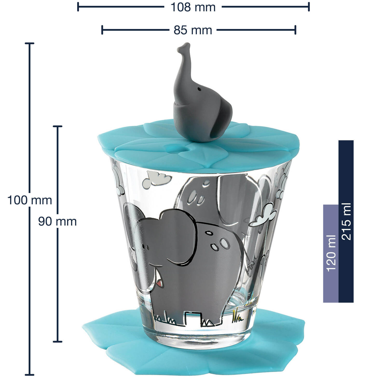 Kindertrinkset mit Elefantenmotiv, bestehend aus einem Glas mit blauem Deckel und Elefantenfigur, seitliche Ansicht