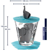 Kindertrinkset mit Elefantenmotiv, bestehend aus einem Glas mit blauem Deckel und Elefantenfigur, seitliche Ansicht