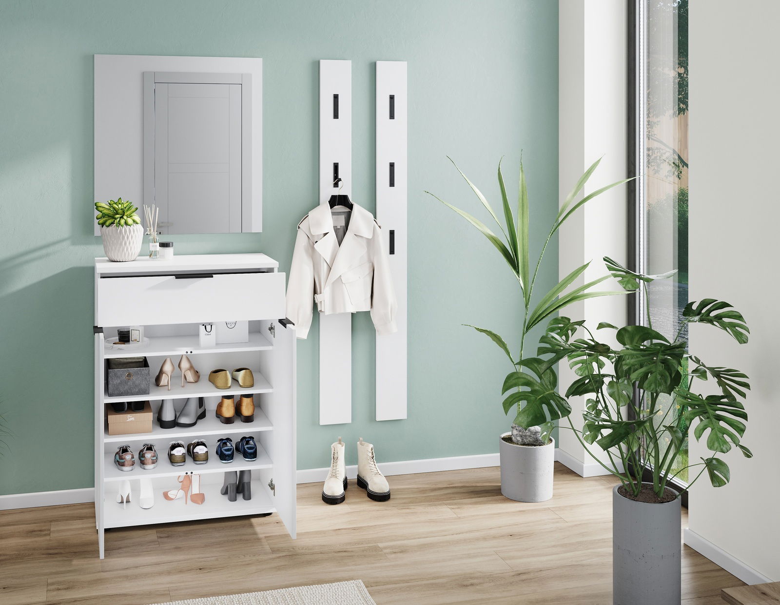 Moderner weißer Schuhschrank in einem stilvollen Flur mit Pflanzen und Wandspiegel, frontal betrachtet.