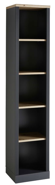 Schwarzes Regal mit vier Holzablagen, frontal fotografiert.