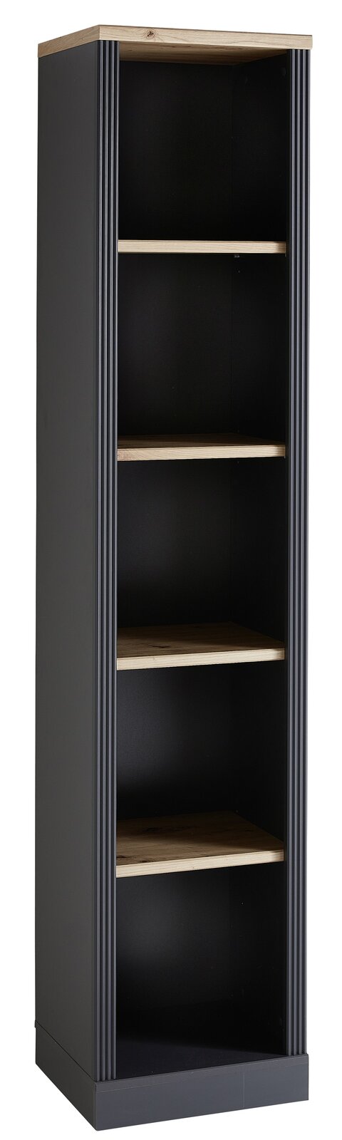 Landscape Regal JUDITH Schwarzes Regal mit vier Holzablagen, frontal fotografiert.