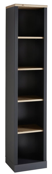 Schwarzes Regal mit vier Holzablagen, frontal fotografiert.