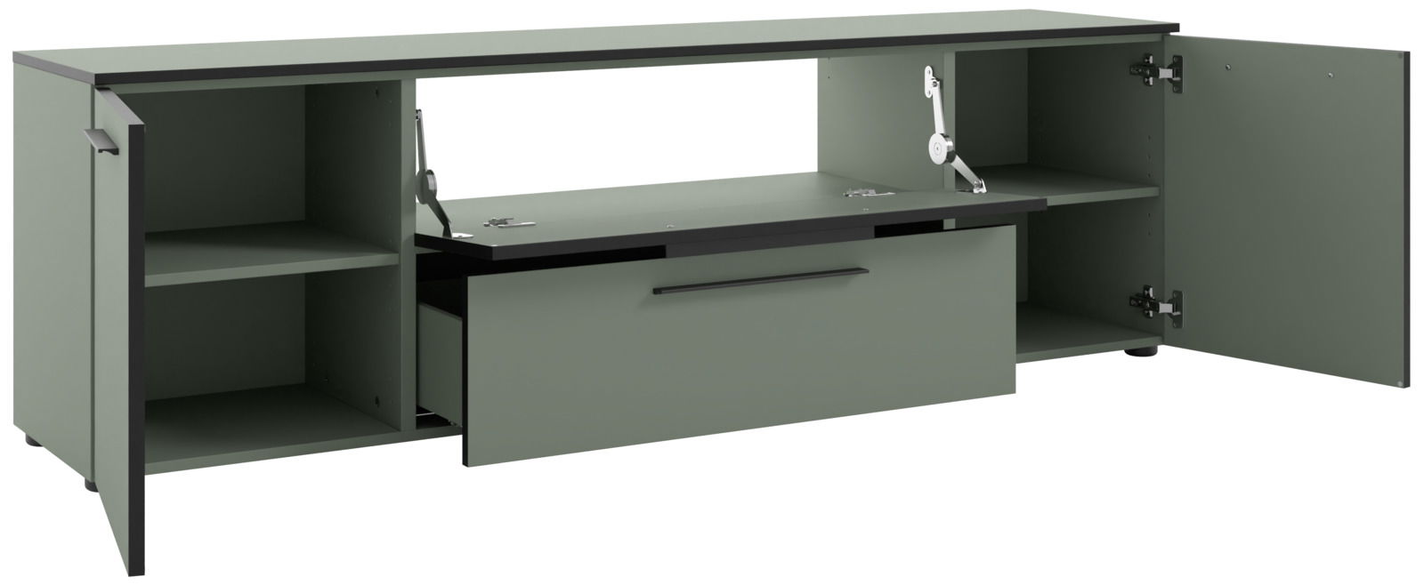 TV-Lowboard in grauer Farbe mit offenen Türen und Schubladen, Frontansicht