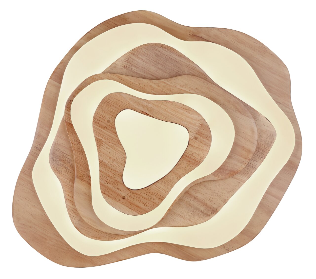 Moderne Deckenleuchte aus Holz mit wellenförmigem Design, von oben betrachtet.