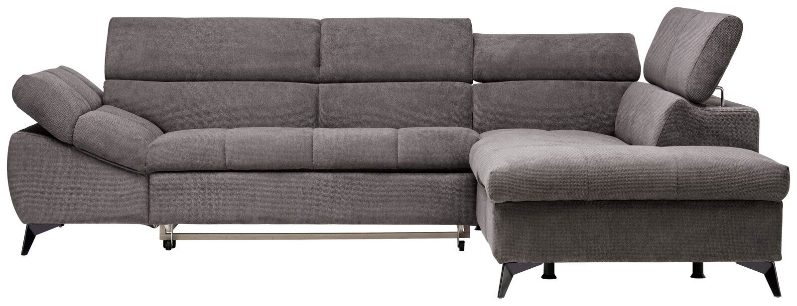 Graue Eckgarnitur mit verstellbaren Kopfstützen, seitliche Perspektive