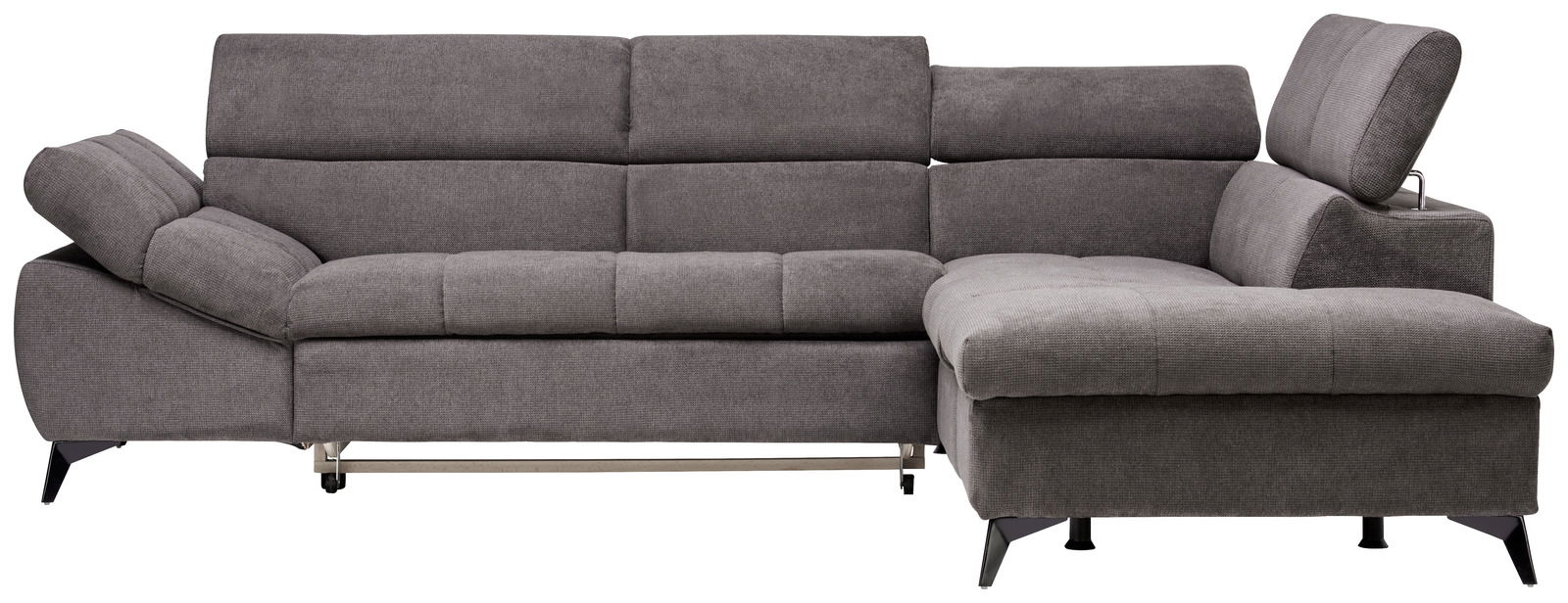 Graue Eckgarnitur mit verstellbaren Kopfstützen, seitliche Perspektive