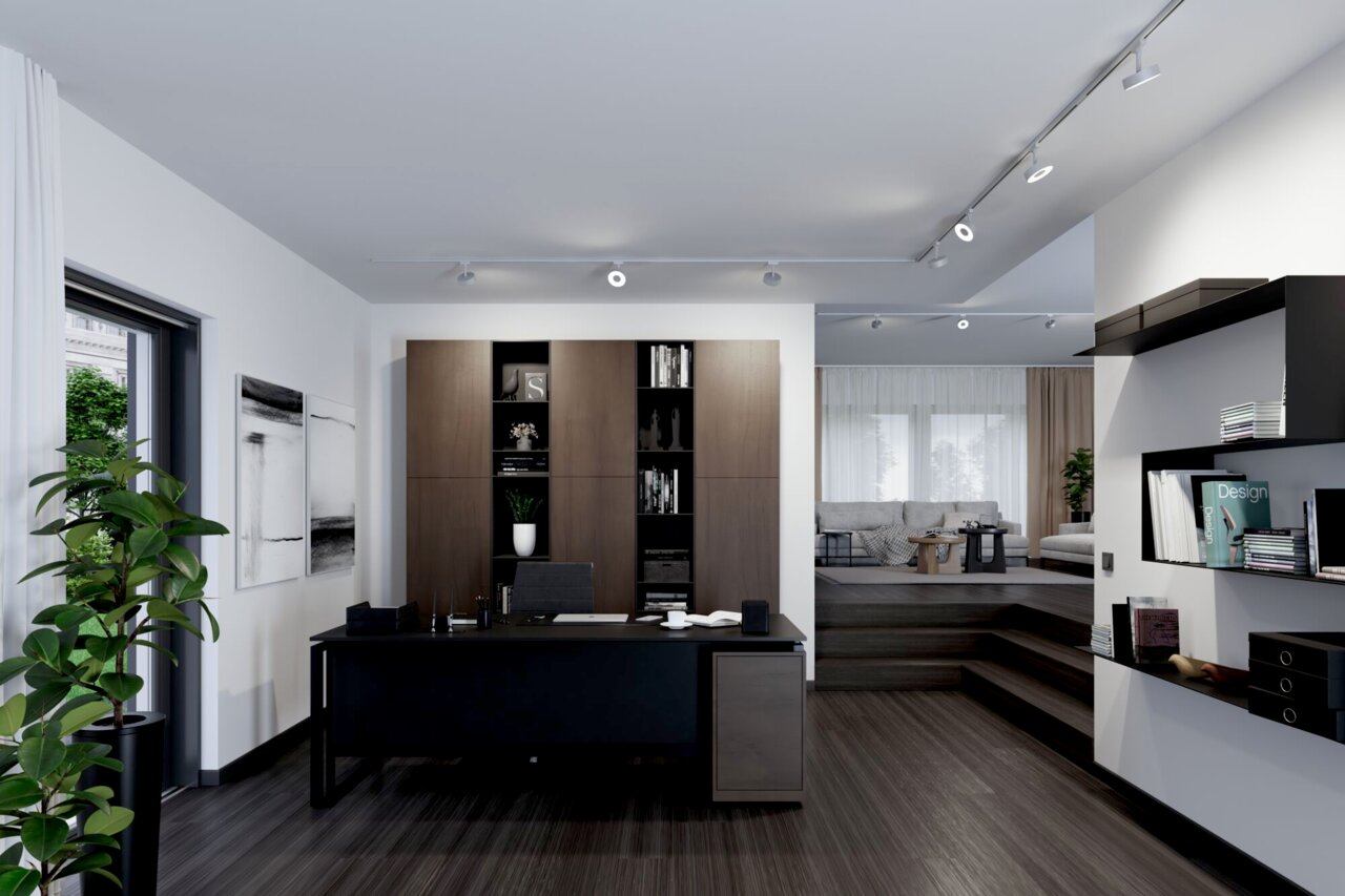 Moderner Büroraum mit Schienenspot Circle Beleuchtung an der Decke, Perspektive von der Seite des Schreibtisches.