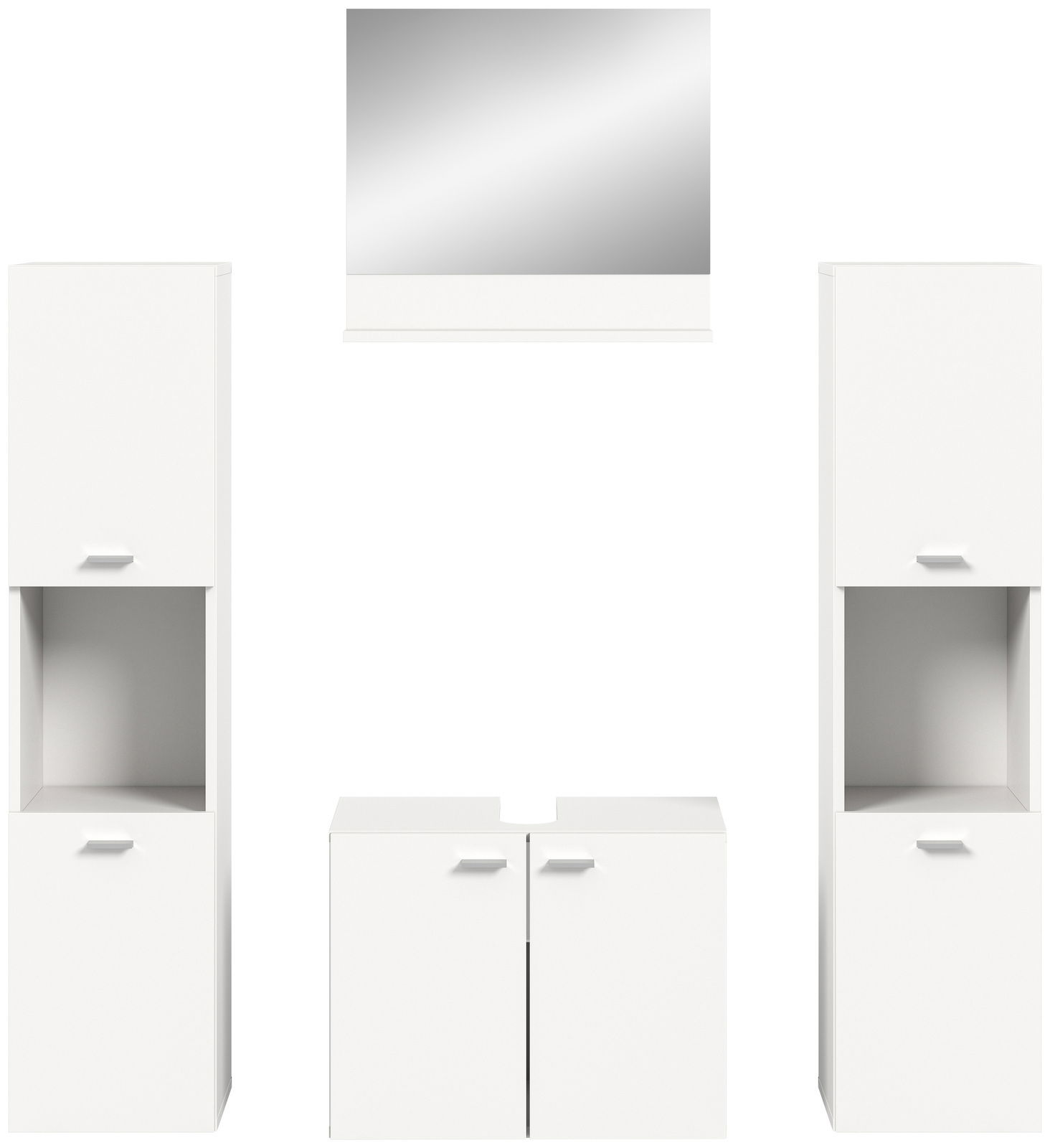Frontale Ansicht der weißen Badkombination BOSTON mit zwei hohen Schränken, einem Waschbeckenunterschrank und einem Spiegel.
