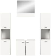 Frontale Ansicht der weißen Badkombination BOSTON mit zwei hohen Schränken, einem Waschbeckenunterschrank und einem Spiegel.