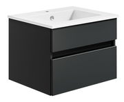 Moderne Badkombination mit schwarzem Unterschrank und weißem Waschbecken, seitliche Perspektive