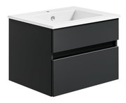 Moderne Badkombination mit schwarzem Unterschrank und weißem Waschbecken, seitliche Perspektive