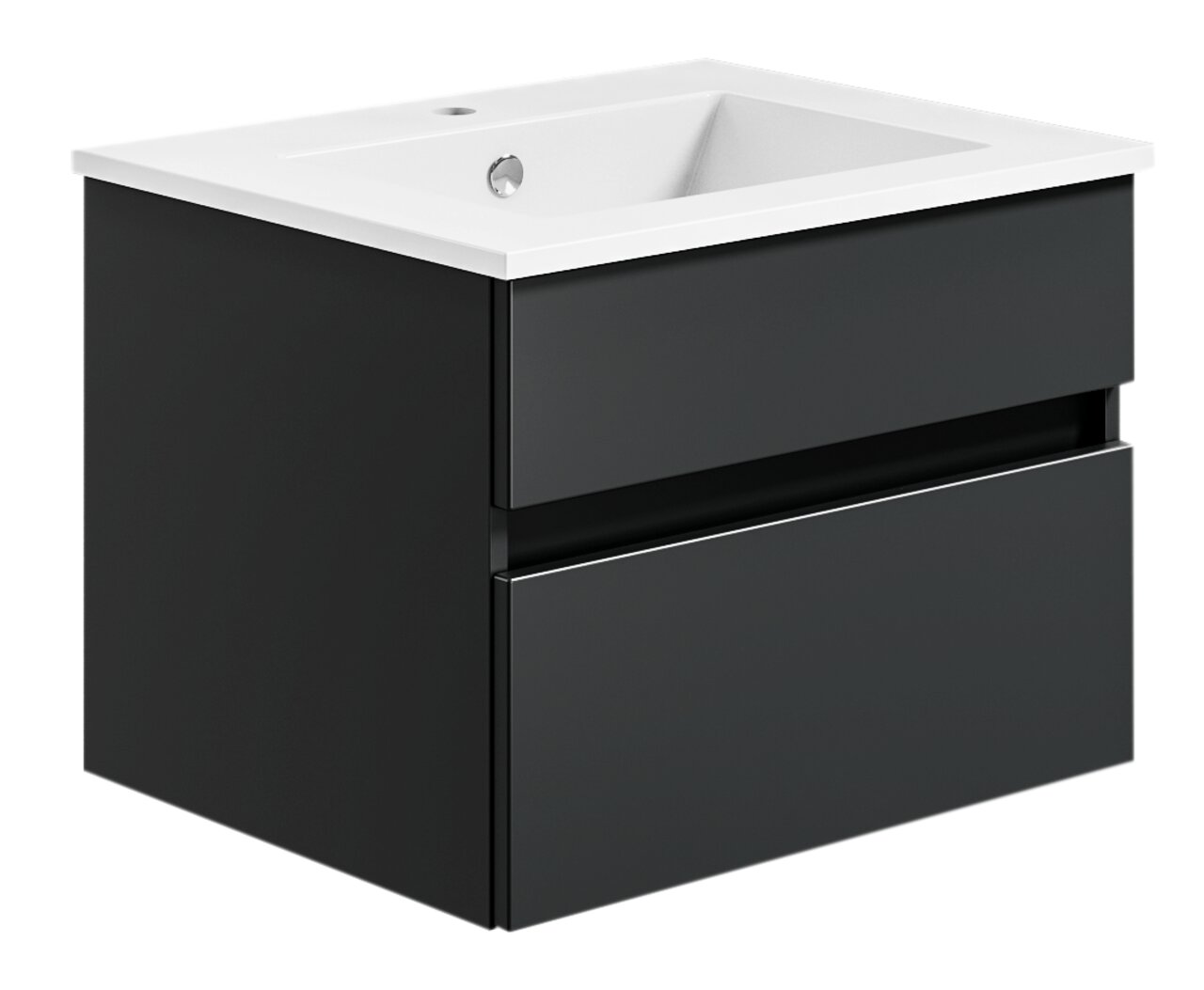 Moderne Badkombination mit schwarzem Unterschrank und weißem Waschbecken, seitliche Perspektive