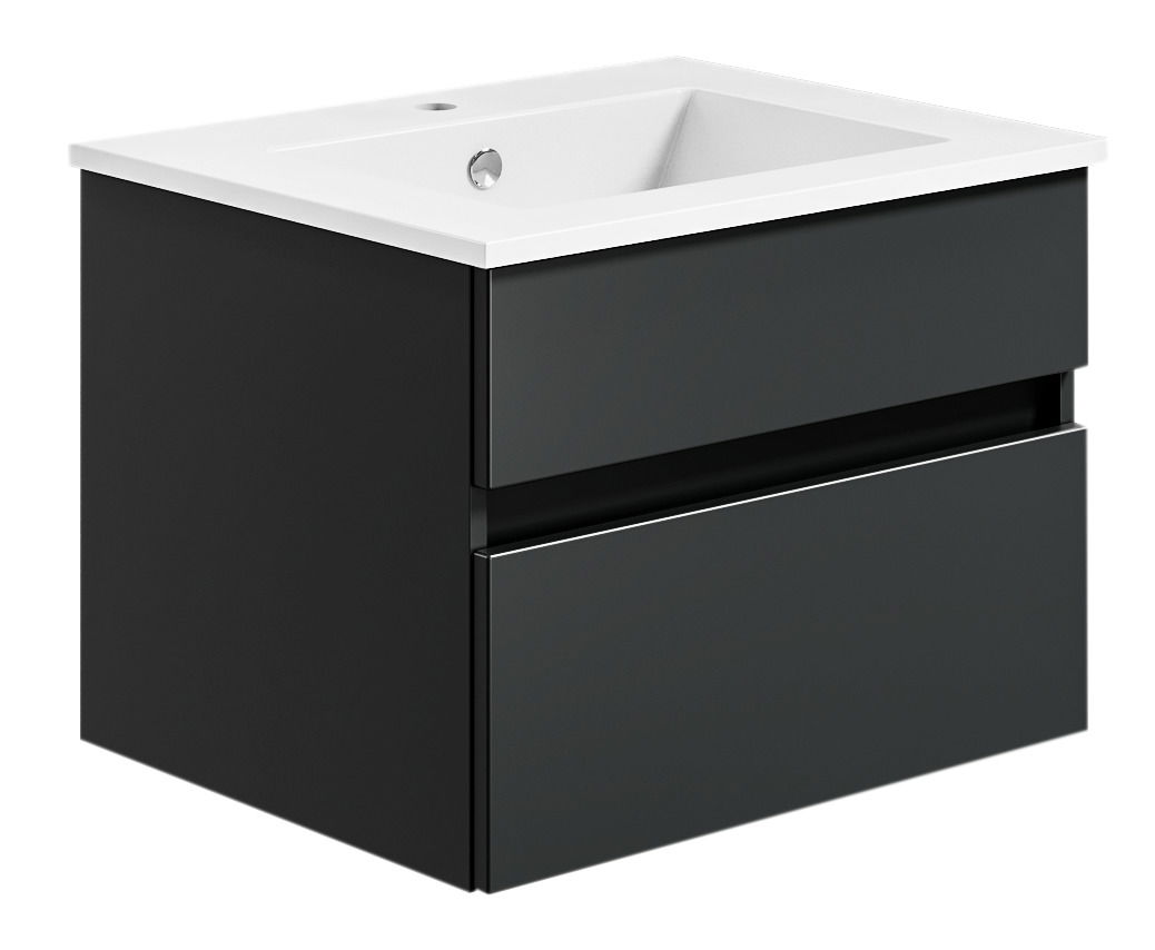 Moderne Badkombination mit schwarzem Unterschrank und weißem Waschbecken, seitliche Perspektive
