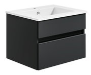 Moderne Badkombination mit schwarzem Unterschrank und weißem Waschbecken, seitliche Perspektive