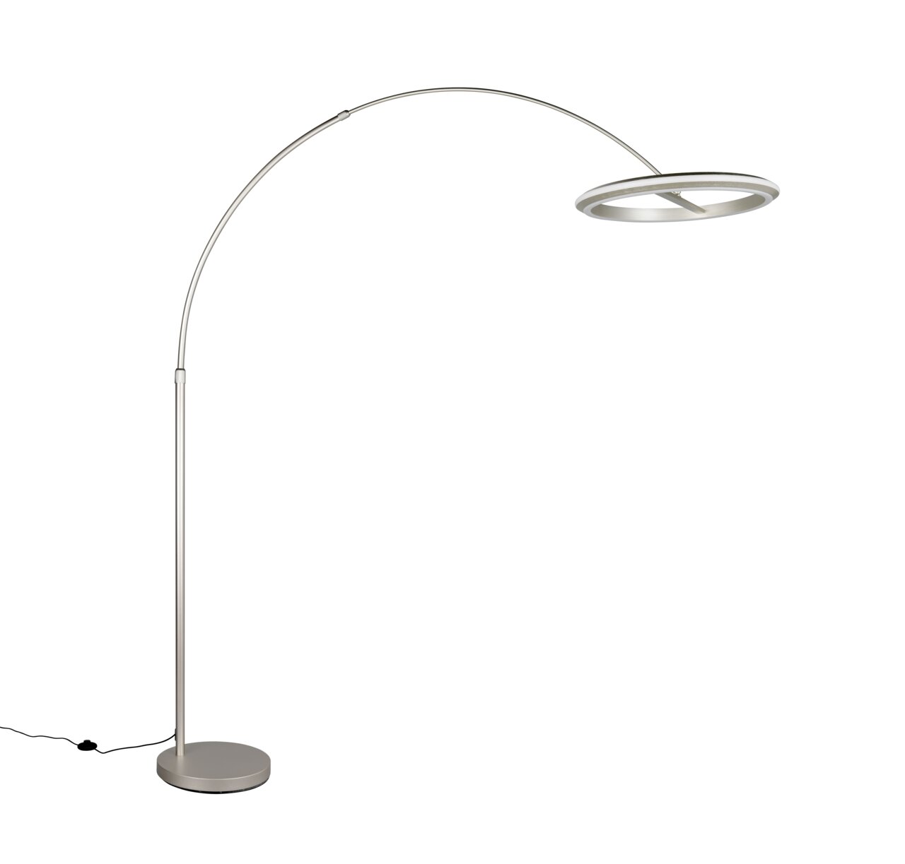 Moderne LED-Bogenleuchte aus Metall in seitlicher Perspektive