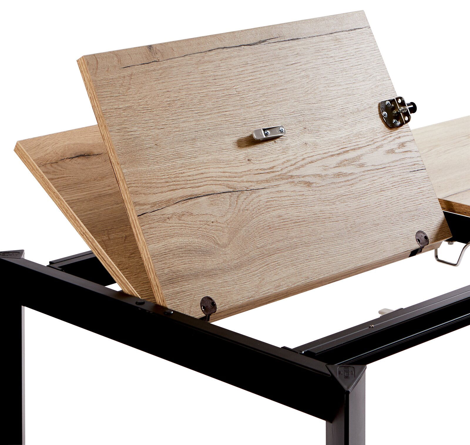 Nahaufnahme eines Esstisches mit ausziehbarer Holzplatte und schwarzem Metallrahmen, seitliche Perspektive