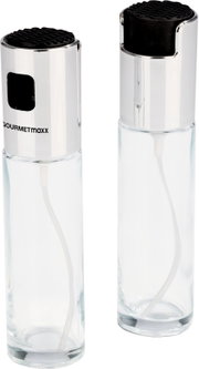 Zwei transparente Gourmetmaxx Sprühflaschen mit silberfarbenen Aufsätzen und schwarzen Druckflächen, in frontaler Dreiviertelansicht auf weißem Hintergrund