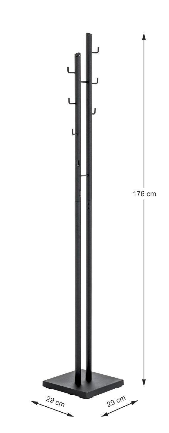 Schwarzer, freistehender Garderobenständer mit zwei Metallstangen und mehreren Haken auf quadratischem Standfuß (29 x 29 cm), Höhe 176 cm, Produktansicht schräg von vorn auf weißem Hintergrund.