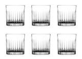 Sechsteiliges Whiskyglas-Set aus klarem Glas mit vertikalen Rillen, frontale Ansicht.