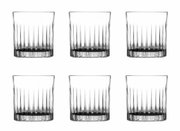 Sechsteiliges Whiskyglas-Set aus klarem Glas mit vertikalen Rillen, frontale Ansicht.