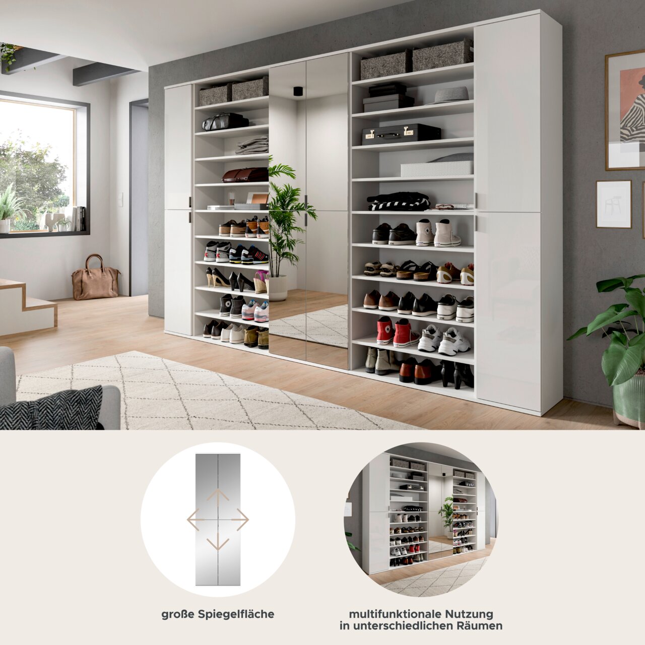 Garderobenkombination mit großer Spiegelfläche und mehreren Regalen zur Aufbewahrung von Schuhen und Accessoires, perspektivisch von vorne links fotografiert.