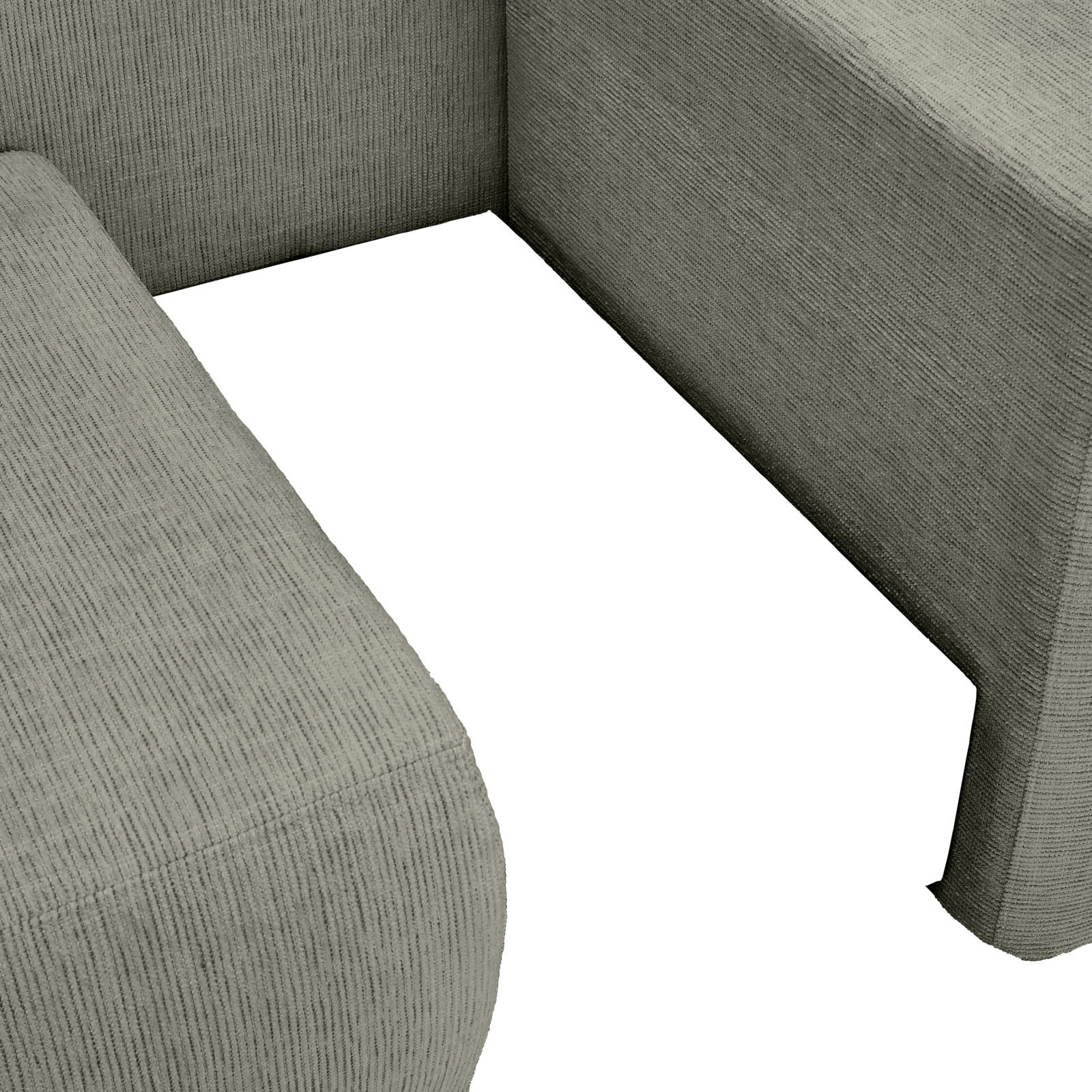 Nahaufnahme einer Recamiere mit strukturiertem Stoffbezug in grauer Farbe, aus der Vogelperspektive aufgenommen.