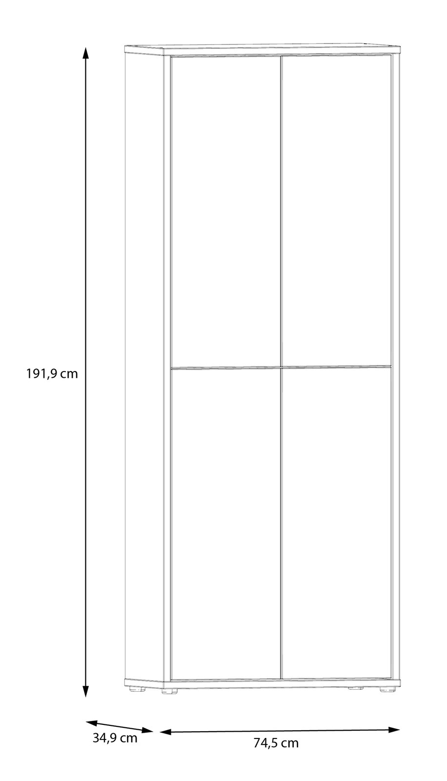 Frontansicht eines hohen XL-Schuhschranks mit vier Türen, Maße: 191,9 cm hoch, 74,5 cm breit, 34,9 cm tief.