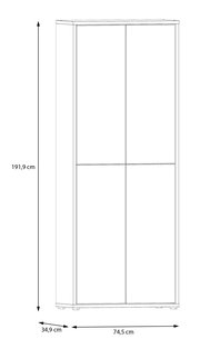 Frontansicht eines hohen XL-Schuhschranks mit vier Türen, Maße: 191,9 cm hoch, 74,5 cm breit, 34,9 cm tief.