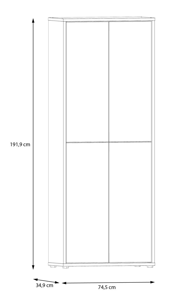 Frontansicht eines hohen XL-Schuhschranks mit vier Türen, Maße: 191,9 cm hoch, 74,5 cm breit, 34,9 cm tief.