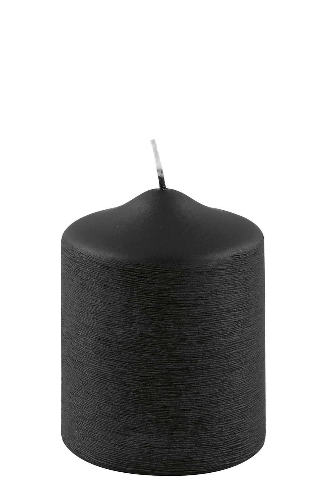 Schwarze Stumpenkerze mit metallischem Finish, seitliche Perspektive