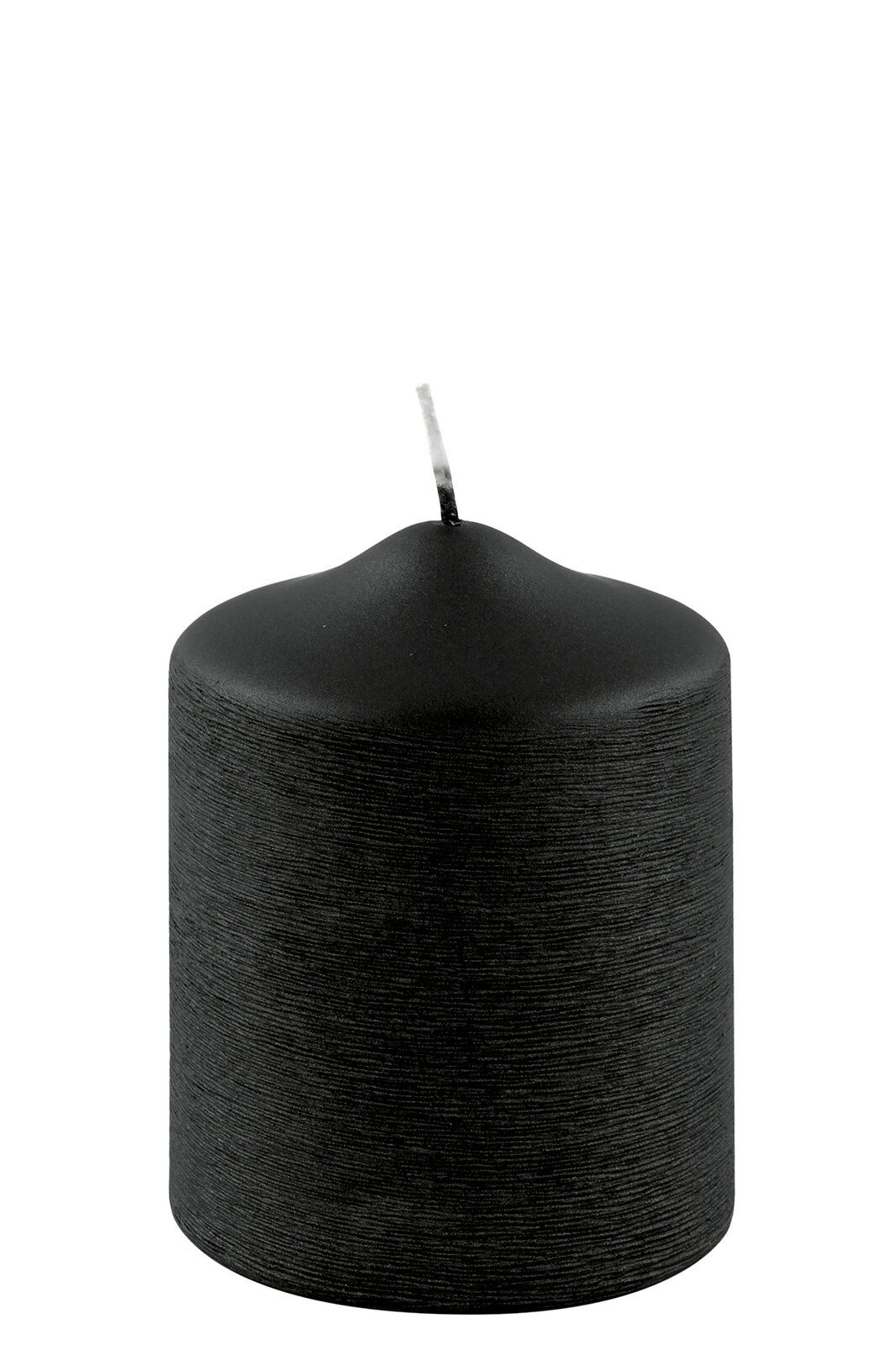 Schwarze Stumpenkerze mit metallischem Finish, seitliche Perspektive