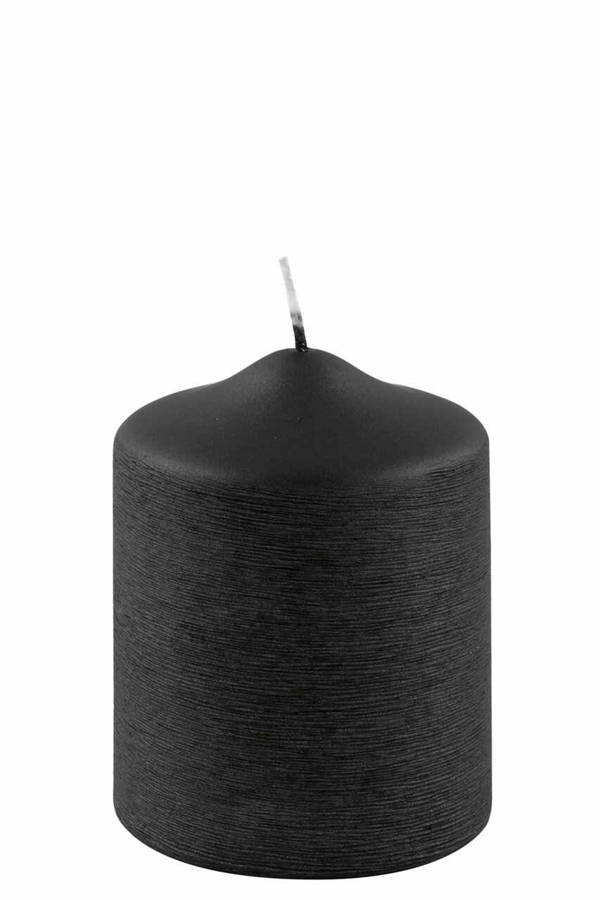 Schwarze Stumpenkerze mit metallischem Finish, seitliche Perspektive