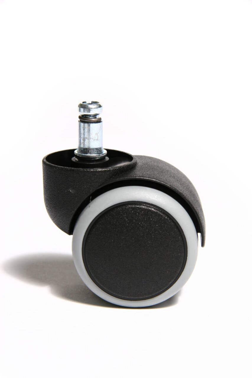 Topstar Hartbodenrollen ROLLEN Nahaufnahme einer schwarzen Hartbodenrolle mit grauem Rad und Metallstift, seitliche Perspektive