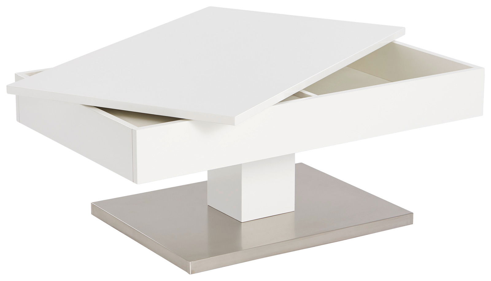 Moderner weißer Couchtisch mit schwenkbarer Tischplatte und Stauraum, seitliche Perspektive